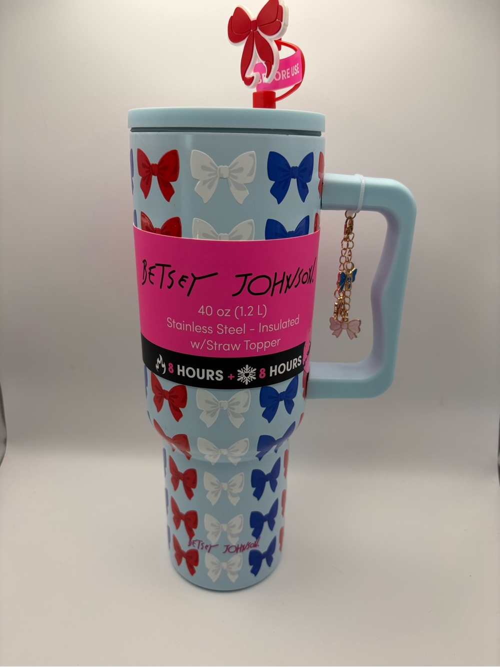Betsey Johnson Light Blue 40 oz. Tumbler with Red White and Blue Bow Print